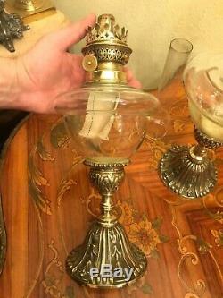 Antique 2 Brass Kerosene Oil Lamps Pair