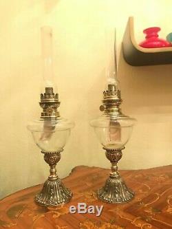 Antique 2 Brass Kerosene Oil Lamps Pair