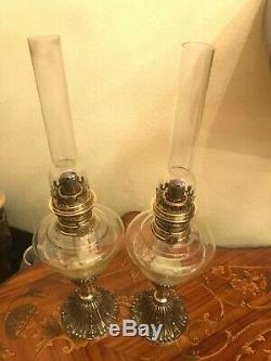 Antique 2 Brass Kerosene Oil Lamps Pair