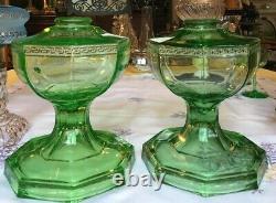 Antique 2 Oil Lamps Large Green Uranium Glass Paneled Greek Key Pattern