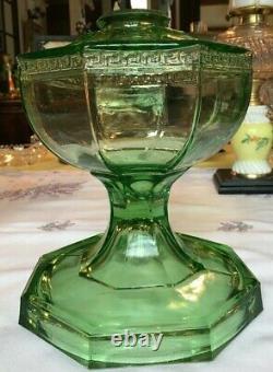 Antique 2 Oil Lamps Large Green Uranium Glass Paneled Greek Key Pattern