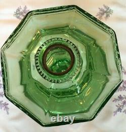 Antique 2 Oil Lamps Large Green Uranium Glass Paneled Greek Key Pattern