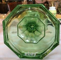 Antique 2 Oil Lamps Large Green Uranium Glass Paneled Greek Key Pattern