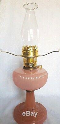 Antique ALADDIN PINK Vertique Kerosene Oil Lamp with Chimney & Shade GORGEOUS RARE