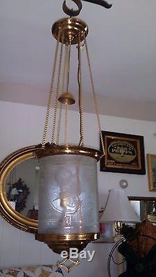 Antique Acid Etched Bird Glass Shade Victorian Hanging Converted Oil Lamp