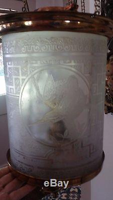 Antique Acid Etched Bird Glass Shade Victorian Hanging Converted Oil Lamp