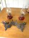 Antique Aguila Kerosene Oil LAMPS Red Glass Clear Shade Wrought Iron Wall Holder
