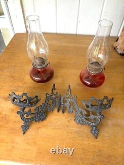 Antique Aguila Kerosene Oil LAMPS Red Glass Clear Shade Wrought Iron Wall Holder