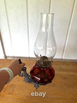 Antique Aguila Kerosene Oil LAMPS Red Glass Clear Shade Wrought Iron Wall Holder