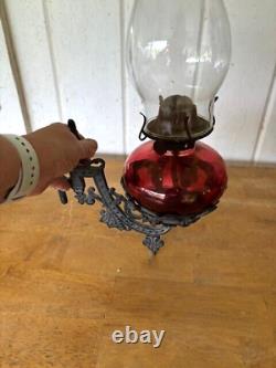 Antique Aguila Kerosene Oil LAMPS Red Glass Clear Shade Wrought Iron Wall Holder