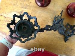 Antique Aguila Kerosene Oil LAMPS Red Glass Clear Shade Wrought Iron Wall Holder