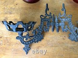 Antique Aguila Kerosene Oil LAMPS Red Glass Clear Shade Wrought Iron Wall Holder