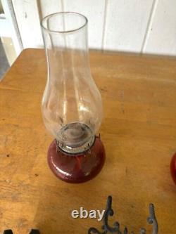 Antique Aguila Kerosene Oil LAMPS Red Glass Clear Shade Wrought Iron Wall Holder