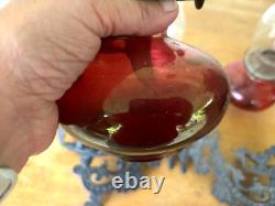 Antique Aguila Kerosene Oil LAMPS Red Glass Clear Shade Wrought Iron Wall Holder