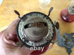 Antique Aguila Kerosene Oil LAMPS Red Glass Clear Shade Wrought Iron Wall Holder