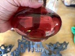 Antique Aguila Kerosene Oil LAMPS Red Glass Clear Shade Wrought Iron Wall Holder