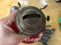 Antique Aguila Kerosene Oil LAMPS Red Glass Clear Shade Wrought Iron Wall Holder