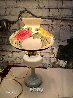 Antique Aladdin Electrified Oil Lamp Model B White base and Floral shade