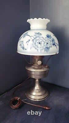 Antique Aladdin No 12 Nickel Oil Lamp Converted With Hand Painted Floral Shade