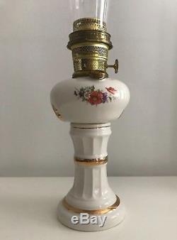 Antique Aladdin Oil Lamp Model B Porcelain with Flowers and Gold Edging