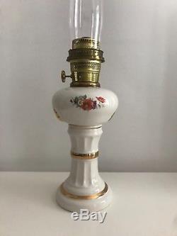 Antique Aladdin Oil Lamp Model B Porcelain with Flowers and Gold Edging