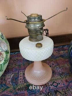 Antique Aladdin Pink White Moonstone diamond Quilt Oil Kerosene Lamp