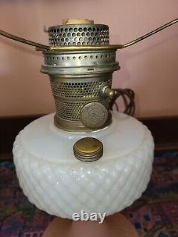 Antique Aladdin Pink White Moonstone diamond Quilt Oil Kerosene Lamp