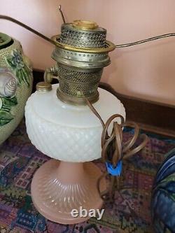 Antique Aladdin Pink White Moonstone diamond Quilt Oil Kerosene Lamp