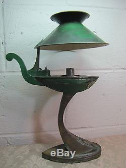 Antique Aladins Style Oil Lamp Bird Unusual Brass Green White Removable Shade