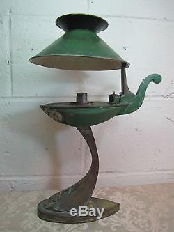Antique Aladins Style Oil Lamp Bird Unusual Brass Green White Removable Shade