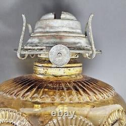 Antique Amber Imperial Glass Zipper Loop Pattern Kerosene Oil Lamp & Glass Shade