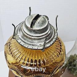 Antique Amber Imperial Glass Zipper Loop Pattern Kerosene Oil Lamp & Glass Shade