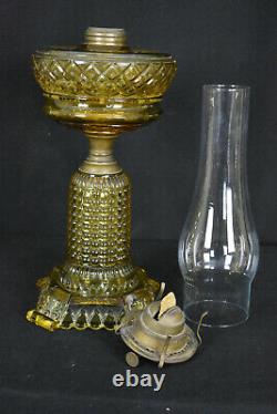 Antique Amber Thousand Eyes & Beaded Lattice Oil Lamp with Brass Burner & Chimney