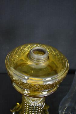 Antique Amber Thousand Eyes & Beaded Lattice Oil Lamp with Brass Burner & Chimney