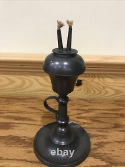 Antique American Pewter Double Burner Whale Finger Candle Stick Oil Lamp