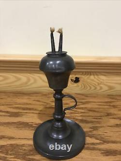 Antique American Pewter Double Burner Whale Finger Candle Stick Oil Lamp