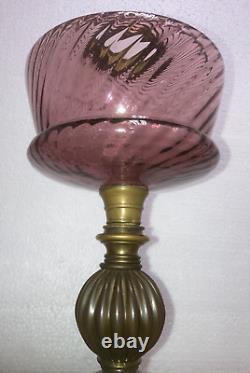 Antique Amethyst Purple Swirl Kerosene Oil Lamp Brass Metal Base Vintage