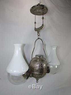 Antique Angle Lamp Co Double Oil LampBradley HubbardRetractableGlass Shades