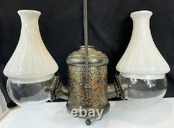 Antique Angle Lamp Co Hanging Brass Double Burner Oil Kerosene Shade Grape Leaf