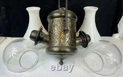 Antique Angle Lamp Co Hanging Brass Double Burner Oil Kerosene Shade Grape Leaf