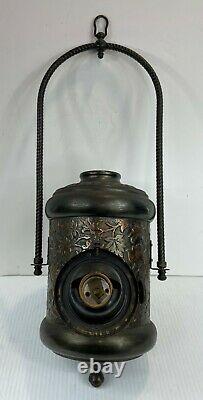 Antique Angle Lamp Co Hanging Brass Double Burner Oil Kerosene Shade Grape Leaf