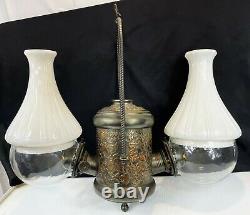 Antique Angle Lamp Co Hanging Brass Double Burner Oil Kerosene Shade Grape Leaf