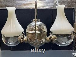 Antique Angle Lamp Oil/kerosene 2 Burner Hanging Lamp Nickel Plated Fleur-de-lis