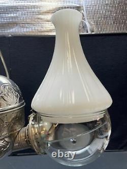 Antique Angle Lamp Oil/kerosene 2 Burner Hanging Lamp Nickel Plated Fleur-de-lis
