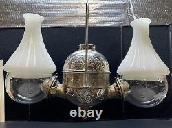 Antique Angle Lamp Oil/kerosene 2 Burner Hanging Lamp Nickel Plated Fleur-de-lis