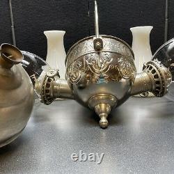 Antique Angle Lamp Oil/kerosene 2 Burner Hanging Lamp Nickel Plated Fleur-de-lis