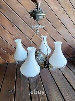 Antique Angle Mfg Co New York Hanging Quad Burner Kerosene Oil Lamp