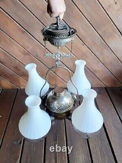 Antique Angle Mfg Co New York Hanging Quad Burner Kerosene Oil Lamp