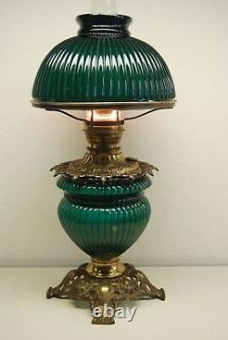 Antique Art Deco Nouveau Oil Emerald Green Fostoria Student Ribbed Glass Lamp