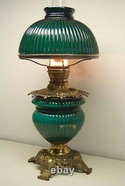 Antique Art Deco Nouveau Oil Emerald Green Fostoria Student Ribbed Glass Lamp